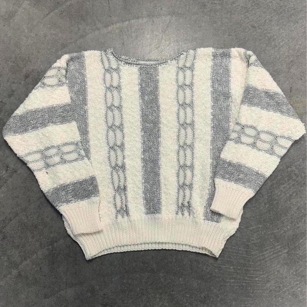 Vintage Women's Sweater Large Gray Cream Striped Cable Knit Pullover